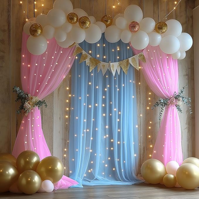 Pink and Blue Tulle Backdrop Curtain with Lights String - 10x10ft Sheer Wedding Backdrop for Baby Shower, Birthday Party, Photo Shoot Decorations - 2 Panels (5ft x 10ft Each)