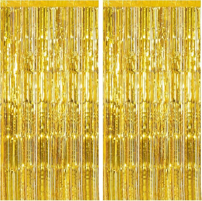 2 Pack Gold Backdrop Birthday Decorations Foil Curtain Backdrop Gold Streamers Dance Party Decorations Photo Booth Props for Bachelorette Decorations Christmas Halloween New Years Eve Party Supplies