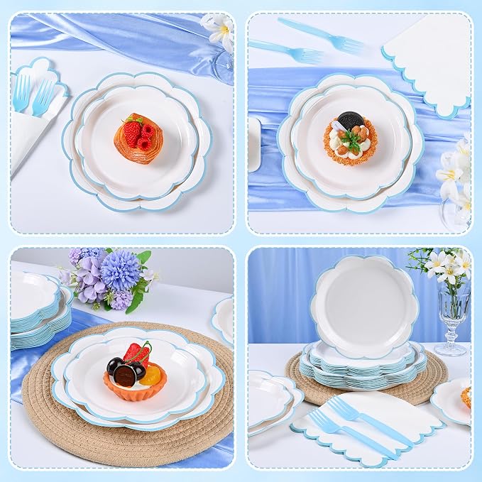 96 Pcs Paper Plates & Napkins Set, Light Blue & White, 24 Guest | White Dessert Plates with Baby Blue Scalloped Edge, Includes Napkins and Forks, For Baby Boy Shower, For Wedding