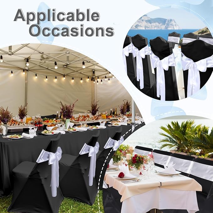 Lounsweer 50 Pcs Folding Chair Cover Set with 25 Stretch Spandex Slipcovers 25 Satin Chair Sashes Bows Ribbon Washable Banquet Protector for Wedding Event Party(Black, White)
