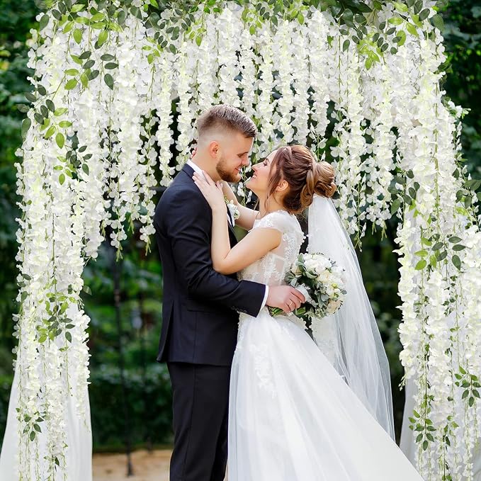 Pauwer Wisteria Hanging Flowers 12 Pack Fake Flower Garland Artificial Wisteria Vines Rattan Silk Flower String Wedding Party Wall Decorations,White