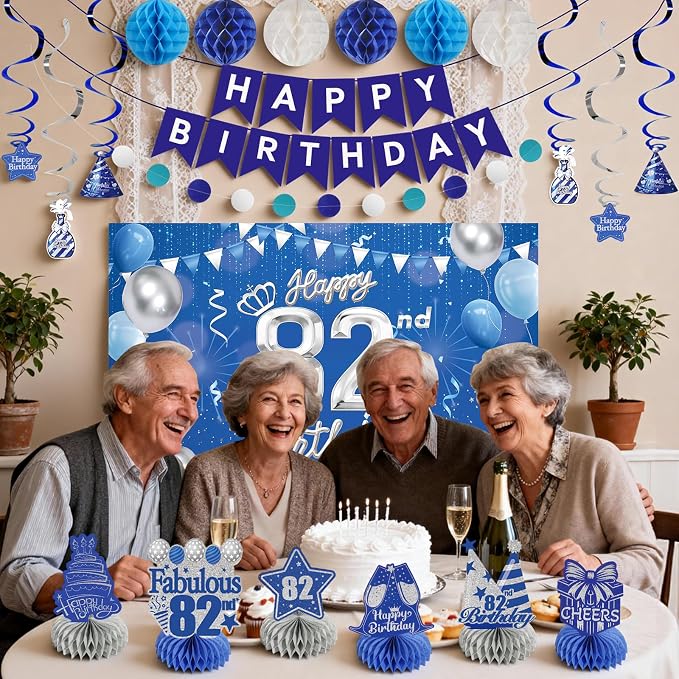 Happy Birthday Party Decoration Set: Including Birthday Banner Backdrop, Party Table Centerpieces and Hanging Swirl Party Streamers, Birthday Decor Suppliers for Men and Women (Blue, 82nd Birthday)