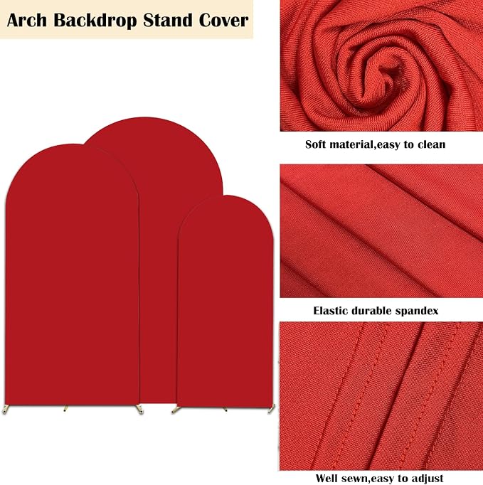 HAINARverS Set of 3 Wedding Arch Cover 6FT,6.6FT,7.2FT Spandex Fitted Stretchy Arch Stand Covers,2 Sided Round Top Chiara Backdrop Cover for Birthday Party Banquet Baby Shower Arch Decoration(Red)