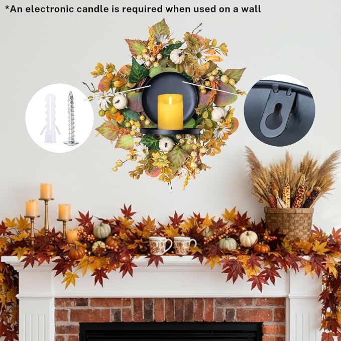 MOYEE Autumn Centerpieces for Tables Candle Ring, Black Metal Candlestick with an Artificial Wreaths 14 in Versatile Dining Table Centerpiece Decor (Pumpkin and Daisy Wreath)