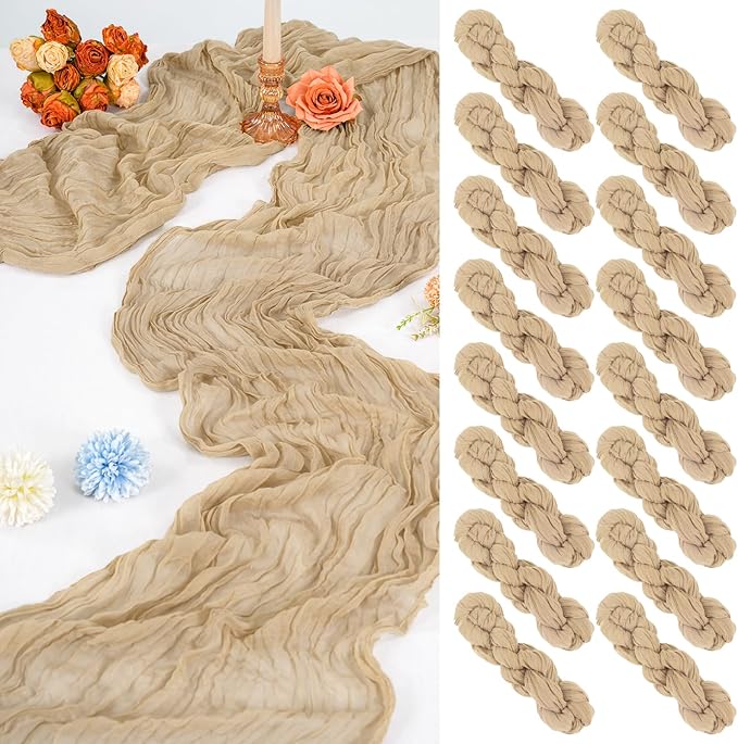 16 Pack 10Ft Cheesecloth Table Runner Beige, 20 x 120 Inch Rustic Gauze Boho Cheese Cloth Table Runners Wedding Long Table Runner for Wedding Party Bridal Shower Table Decoration