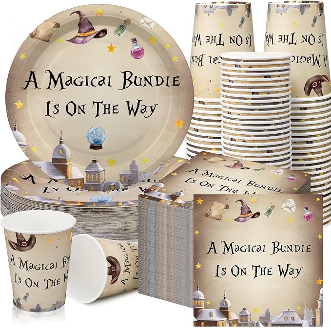 Hushee 200 Pcs a Magical Bundle Is on The Way Baby Shower Paper Plates Napkins Cups Girl Boy Baby Shower Tableware Set Magical Wizard Theme Disposable Cup Napkin for 50 Guest Party Decoration