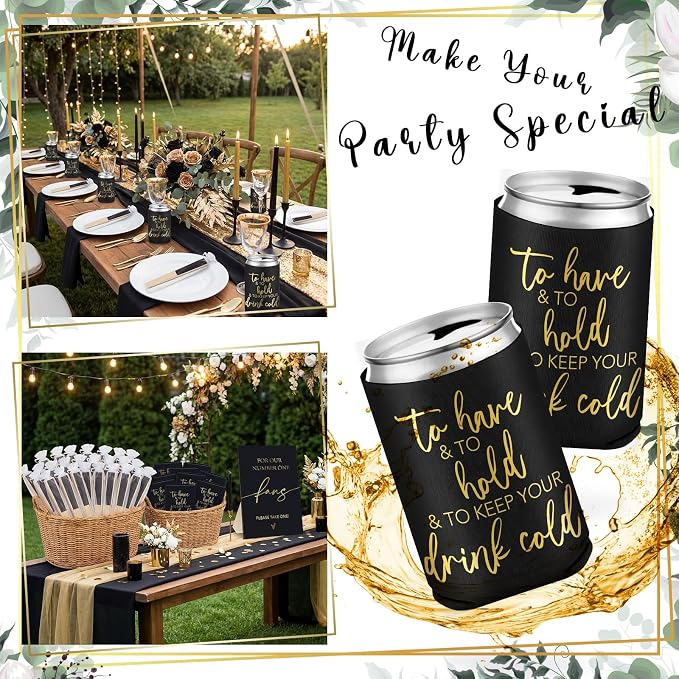 Hoteam 25 Sets Wedding Party Favors for Guests Bulk Including Can Cooler and Paper Folding Fans with Wedding Decor Table Sign Cheers to Love for Bridal Shower Party Souvenir(Classical,Black)