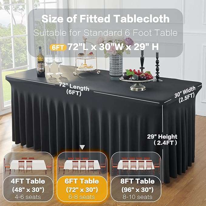 2 Pack Black Spandex Table Covers for 6 Foot Rectangle Tables, Wrinkle Free Fitted Tablecloths 6ft Stretch Table Clothes with Skirt for Parties Weddings Birthday Banquet Baby Shower