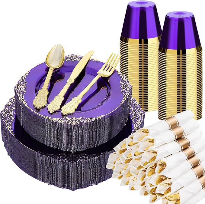 Bestluck 350 PCS Purple and Gold Plastic Plates, Disposable Dinnerware Set for 50 Guests, 100 Disposable Plates, 150 Silverwares, 50 Cups, 50 Napkins for Party, Wedding, Graduation
