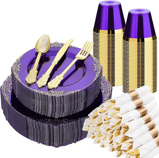 Bestluck 350 PCS Purple and Gold Plastic Plates, Disposable Dinnerware Set for 50 Guests, 100 Disposable Plates, 150 Silverwares, 50 Cups, 50 Napkins for Party, Wedding, Graduation