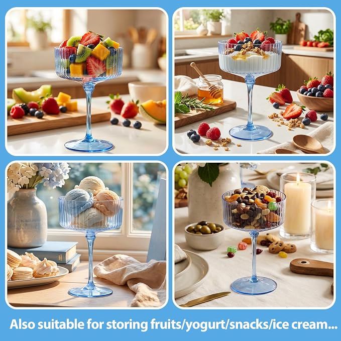 LIYH 20pcs Plastic Martini Glasses 10 Oz Blue Disposable Cocktail Coupe Champagne Tower Cups Perfect for Bar Cocktails Martinis Parties