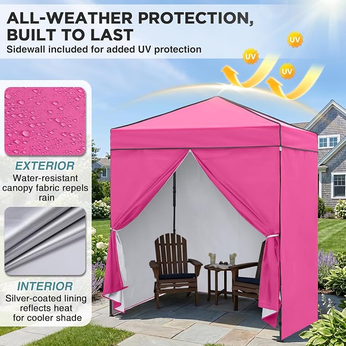 EAGLE PEAK 6x4 Instant Pop Up Canopy Tent with 4 Side Wall Panels, Straight Leg Sun Shelter, Portable Canopy with Carry Bag for Camping, Beach & Sports, Pink