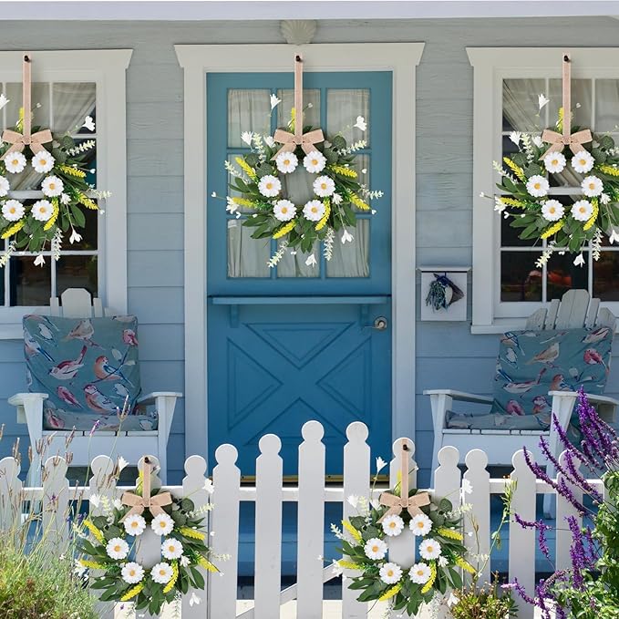 6 Pcs Artificial Spring Summer Swag Wreaths Mini White Daisy Floral Wreath Farmhouse Kitchen Cabinet Wreath Hanging Flowers Wreaths for Front Door Indoor Outdoor Home Decor Festival Celebrations