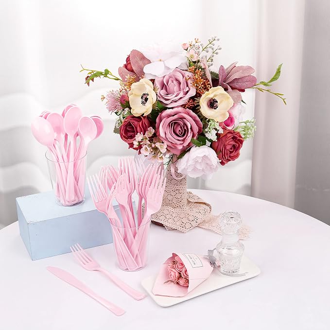 WDF 160 Piece Pink Plastic Silverware - Heavy Duty Pink Silverware Includes 80 Forks, 40 Spoons, 40 Knives, Plastic Utensils Perfect for Wedding/Party/Mother's Day