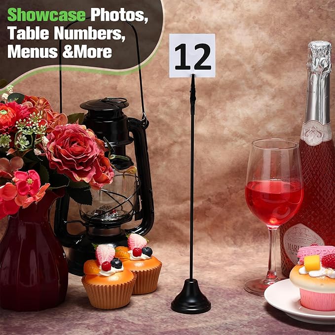 Skyygemm 12 Pcs Table Number Holders 12 Inch Place Card Holder with Alligator Clip Metal Place Card Stands Table Sign for Photos, Food Signs, Birthdays, Weddings (Black)
