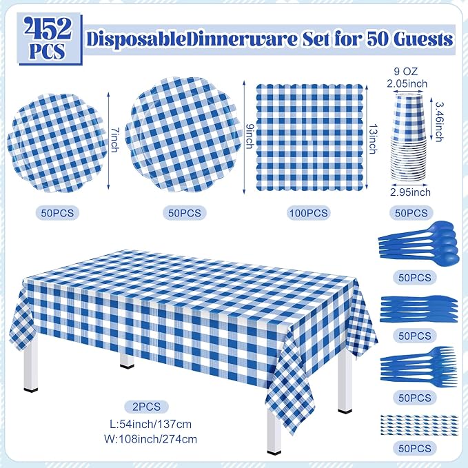 Funnymoom 452 Pcs Blue Gingham Party Supplies for 50, Dark Blue and White Gingham Checkered Paper Plates Napkins Cups Tablecloth Cutlery Straws for Birthday Family Picnic Barbecue Party Decoration