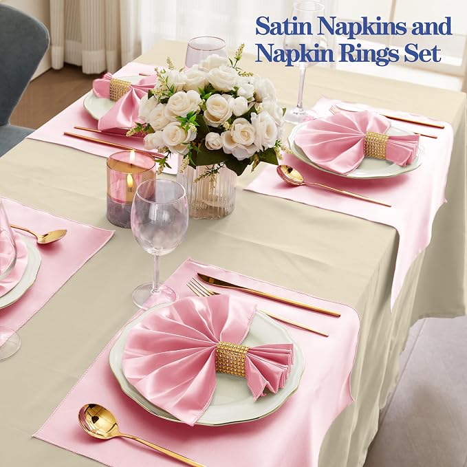 RUDONG M 100 Pcs Light Pink Satin Napkins and Napkin Rings Set, 17 x 17 Inch Square Cloth Napkins Set of 50, Silky Soft Table Napkins Bulk for Weddings, Banquet, Parties Dinner Decoration
