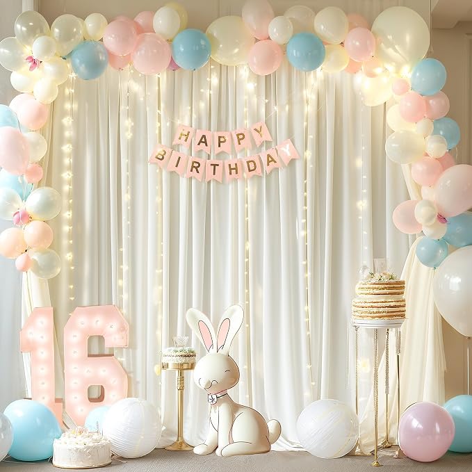 Cream White Backdrop Curtains with Lights for Wedding Parties,10x10FT Wrinkle Free Photo Backdrop Curtains Fabric Drapes for Baby Shower Ceremony Photography Photoshoot Decorations-5ft x 10ft 2 Panels
