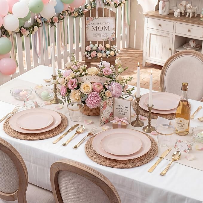 KIRE 175PCS Pink Plates Disposable - Heavy Duty Pink and Gold Plastic Plates Dinnerware Sets - 25 for Dinner 25 for Dessert 25 Pre Rolled Napkins 25Cups for Spring/Wedding/Mother's Day/Baby Shower