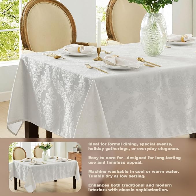 Newbridge Barcelona Luxury Damask Fabric Tablecloth, 70” Extra Wide x 168” Rectangle, White, 100% Polyester, No Iron, Soil Resistant Dining Room, Party and Banquet Table Cover