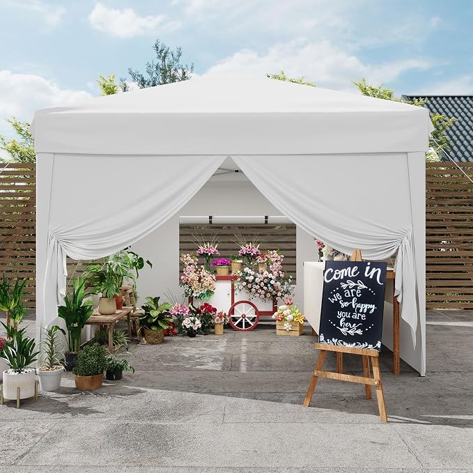 GarveeLife 10x10 Pop Up Canopy Tent with 4 SideWalls, Easy Up Canopy with 3 Adjustable Height, Outdoor Sun Shade with 4 Sandbags & Carrying Bag for Camping, Parties,Outdoor Events-White