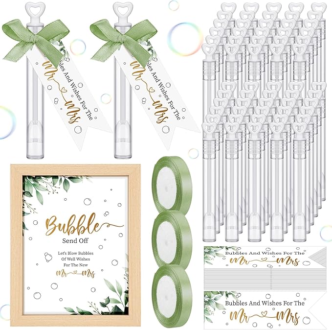 405 Pcs Wedding Send Off Bubble Ideas Set Include Heart Bubble Wands Gift Tags Cards Wood Photo Frame Ribbons Wedding Send Off Party Favors for Guests(Sage Green)