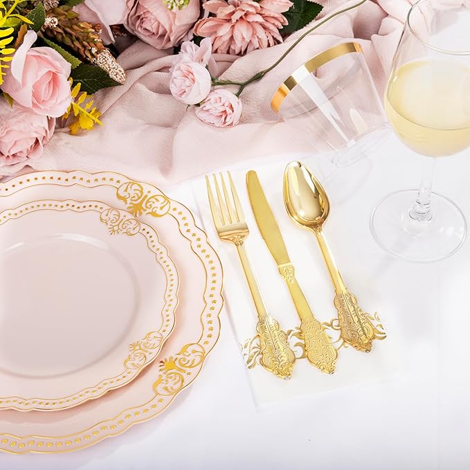 Ciaell 175 PCS Pink and Gold Plastic Plates - Fancy Gold Disposable Dinnerware Set with of 50 Plates, 25 Knives, 25 Forks, 25 Spoons, 25 Cups, 25 Napkins for Party & Weddings & Mother's Day