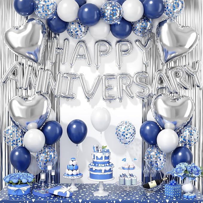 Anniversary Decorations Navy Blue Silver,Happy Anniversary Balloon Banner with Heart Foil Balloons Fringe Curtain for Wedding Party Valentine's Day Romantic Night Surprise