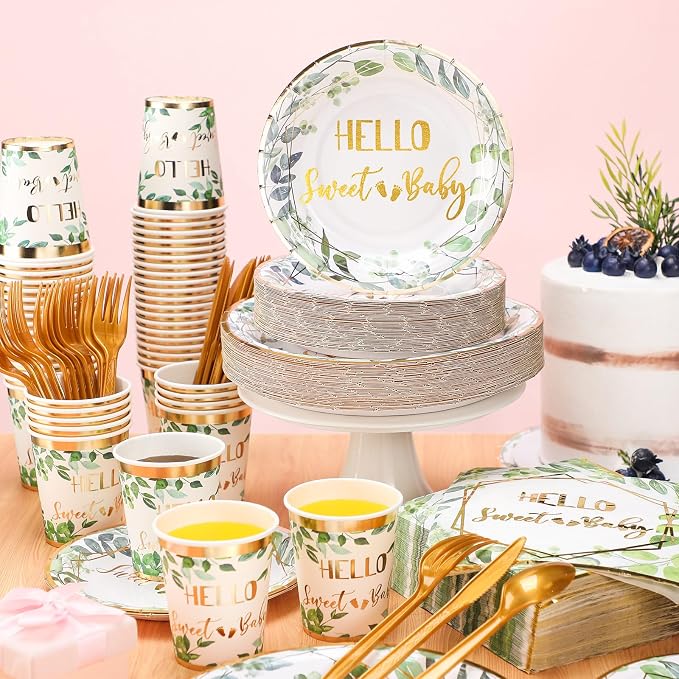 400 Pcs Baby Gender Reveal Plates and Cups and Napkins Sets with Forks Spoon Party Supplies Baby Shower Paper Tableware Gender Reveal Decorations Disposable Cutlery, Serves 50(Green White,Hello Sweet)