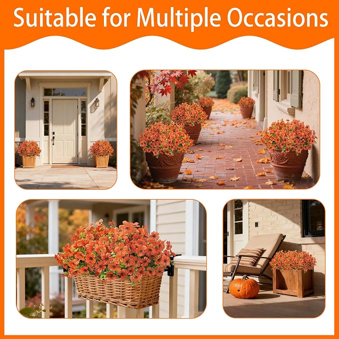 12 Bundles Artificial Flowers for Spring Summer Outdoor Decoration Fake Flowers uv Resistant Artificial Outside Flowers Faux Greenery for Porch Garden Home Patio Valentine's Day Decor (Orange)