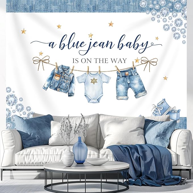 Baby Shower Backdrop A Blue Jean Baby is On The Way Denim Diamond Clothes Photography Background for Newborn Shower Party Decoration Cake Table Banner Supplies Photo Booth Studio Props 7x5ft