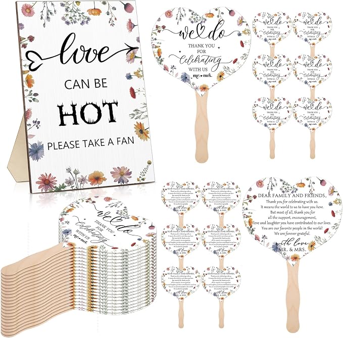 51 Pcs Wedding Fans for Guests Wedding Favor Paper Fans with Handle Bulk Table Sign for Ceremony Bridal Party Decoration(White,Wildflower)
