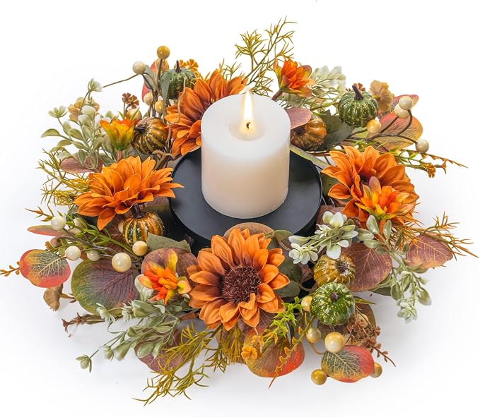 MOYEE Autumn Centerpieces for Tables Candle Ring, Black Metal Candlestick with an Artificial Wreaths 14 in Versatile Dining Table Centerpiece Decor (Sunflower Wreath)