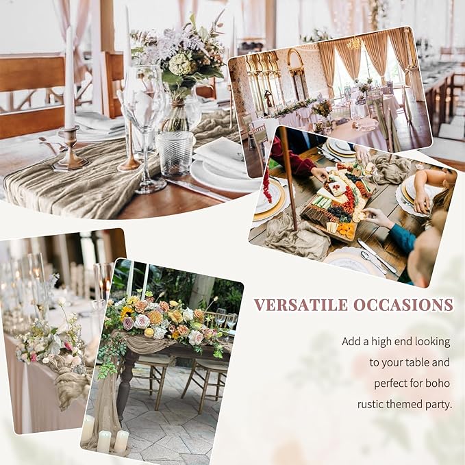 24 Pack Brown Grey Cheesecloth Table Runner, Long Romantic Semi Sheer Rustic Boho Gauze Table Runners for Wedding Bridal Shower Birthday Party Decorations(17.7×108 Inch)