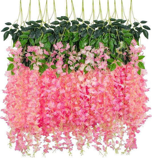 24 Pack Artificial Wisteria Hanging Flowers Fake Wisteria Flower Silk Vines Rattan Decor for Home Wedding Arch Wall Garden Greenery Bedroom Outdoor Office Party Decoration (Dark Pink)