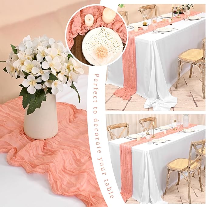 24 Pack Coral Cheesecloth Table Runner 10FT Cheese Cloths for Wedding Decor, 20x120inch Rustic Boho Gauze Table Runners for Wedding Party Bridal Shower Table Decoration
