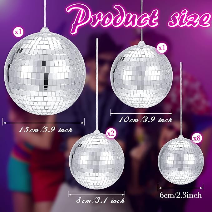 WILLBOND 12 Pack Disco Ball Party Decorations Hanging Mirror Balls Fun Retro Dj Lighting Effect Stage Props Game Accessories, 5.91", 3.94", 3.15", 2.36"(Silver)