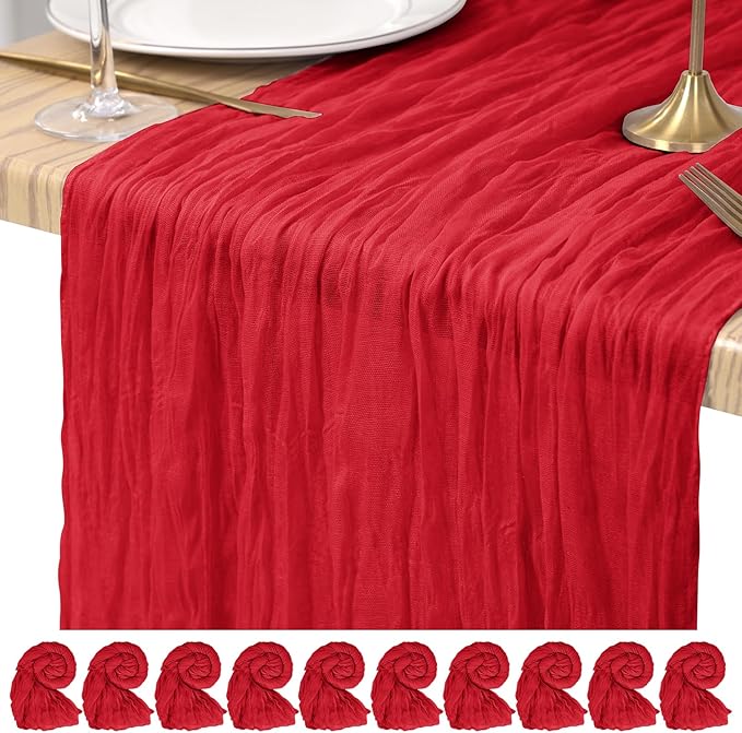 10 Pack Cheesecloth Table Runner Red, Rustic Boho Gauze Fabric Table Runner Romantic Table Runner for Wedding, Festival, Birthday, Anniversary, Dinner and Outdoor Events (17.7 x 108 inch)
