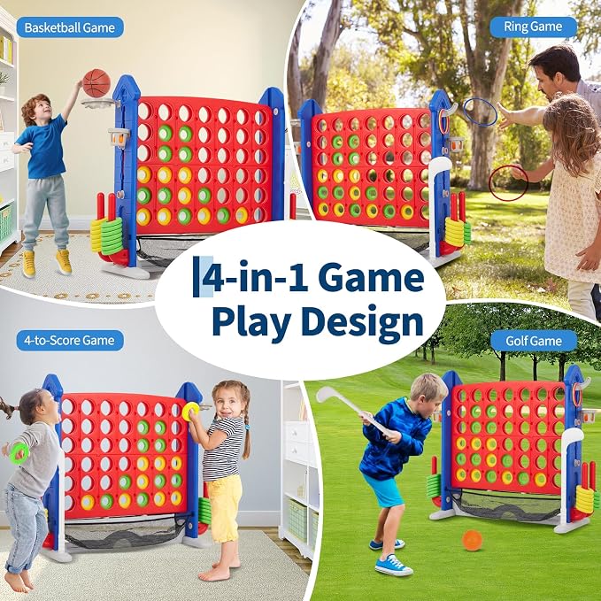 Giant 4-in-a-Row Game Set, Whale Design 4-in-1 with Basketball Hoop, Golf, Ring Toss, 42 Jumbo Rings, Adjustable Height, Quick-Release Catch Net - Outdoor Play for Kids & Adults