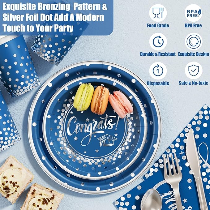 Ecomore 2026 Graduation Party Decoration - 350 PCS Grad Supplies Disposable Dinnerware Set (Severs 50) w/ Navy Blue Sliver Paper Plates Napkin Cup Plastic Cutlery for College High School Class of 2026