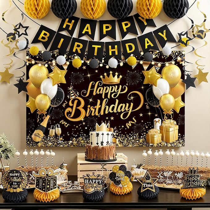 Happy Birthday Party Decoration Set: Including Birthday Banner Backdrop, Party Table Centerpieces and Hanging Swirl Party Streamers, Birthday Decor Suppliers for Men and Women (Black and Gold, Birthday Party)