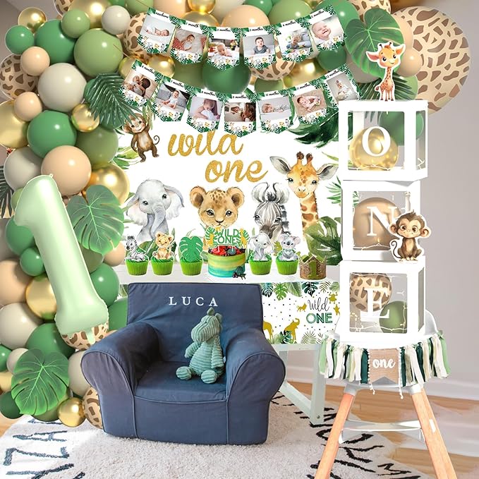 Wild One Birthday Decorations - Number 1 Balloons Sets for 1st Birthday Decorations with Sage Green Balloons Arch Kit ONE Box Jungle Safari Boys First Birthday Decor One Birthday Party Supplies