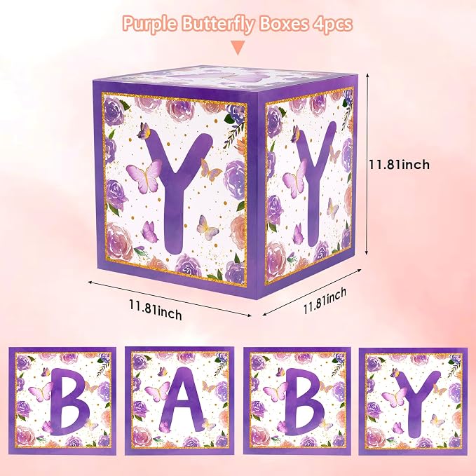 Voircoloria Baby Boxes with Letters and Butterfly Balloons for Gender Reveal Decoration (Purple)