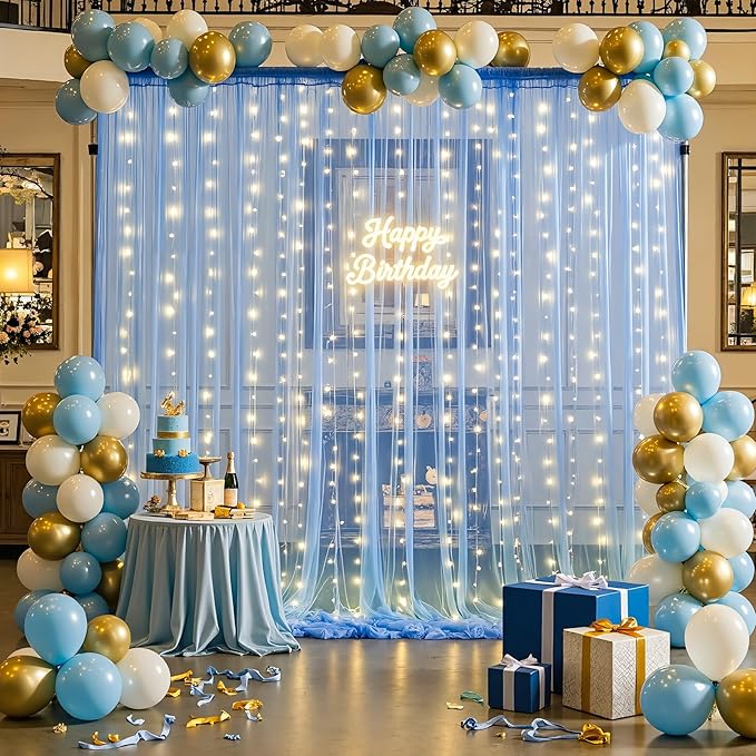 10×12ft Baby Blue Sheer Tulle Backdrop Curtains with Lights String for Parties Baby Shower Decorations for Boy Bridal Shower Birthday Party Photo Shoot Background Wall Decorations 2 Panels 5×12ft
