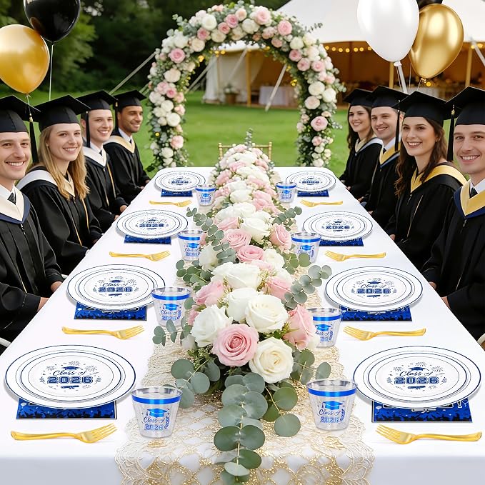 150 Pcs 2026 Graduation Plastic Plates with Disposable Silverware Serves 30 Guests, White Blue Graduation Disposable Plates Including 30 Dinner&Dessert Plates, Cups, Napkins, Gold Forks for Party