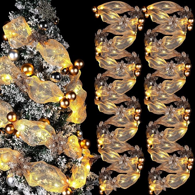 Hollowfly 16.4 ft Christmas Tree Ribbon Garland Mesh with Lights Decor Mesh Christmas Ball Garland Poinsettia Flower Hanging Ornament for Mantle Front Door Xmas Decoration(Champagne Gold)