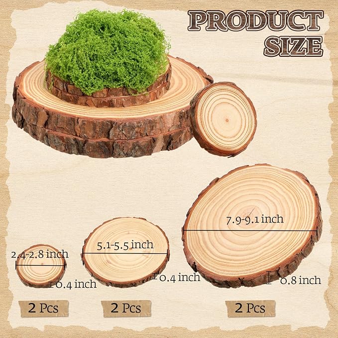 Nuanchu 7 Pack Wood Table Centerpieces with Rustic Wood Slices and Artificial Fake Green Moss for Wooden Fairy Wedding Woodland Table Decor Ideal DIY Crafts (2.4-2.8'',5.1-5.5'',7.9-9.1'')