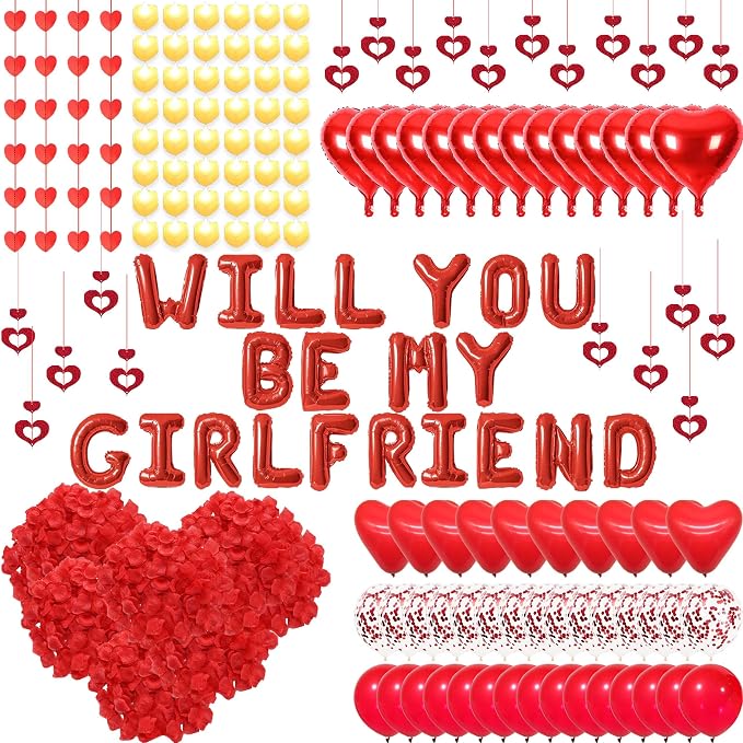 Red Will You Be My Girlfriend Balloons - 2000pcs Red Artificial Rose Petals 48pcs Flameless LED Candle Tealight 21pcs Letter Balloons 18" Heart Balloon Latex Balloon for Valentines Day Decorations