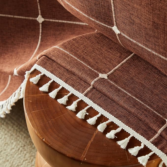 ZeeMart Boho Grid Table Cloth with Tassels (Terracota, 60" Round), Heavy Weight Linen Checked Embroidered Farmhouse Tablecloth, Water Resistant Round Rust Tablecloths