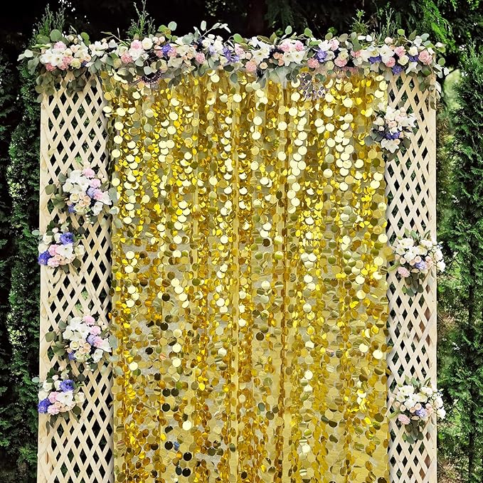 Gold Payette Sequin Backdrop, 4x10 Feet, 2 Panel Shimmer Large Sequin Backdrop Curtain for Decor, Parties, Home